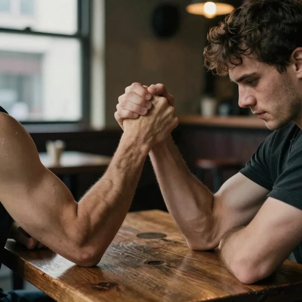 Two arm-wrestlers locked in a stalemate on a wooden table in a dim bar, forearms straining, warm tungsten light raking across their grips