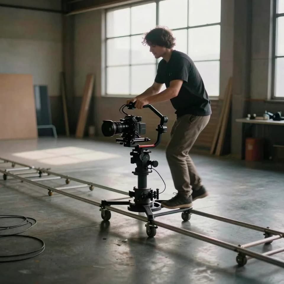 A camera operator gliding a gimbal-mounted mirrorless camera on a smooth dolly track across a warehouse studio floor, motion blur on the cab