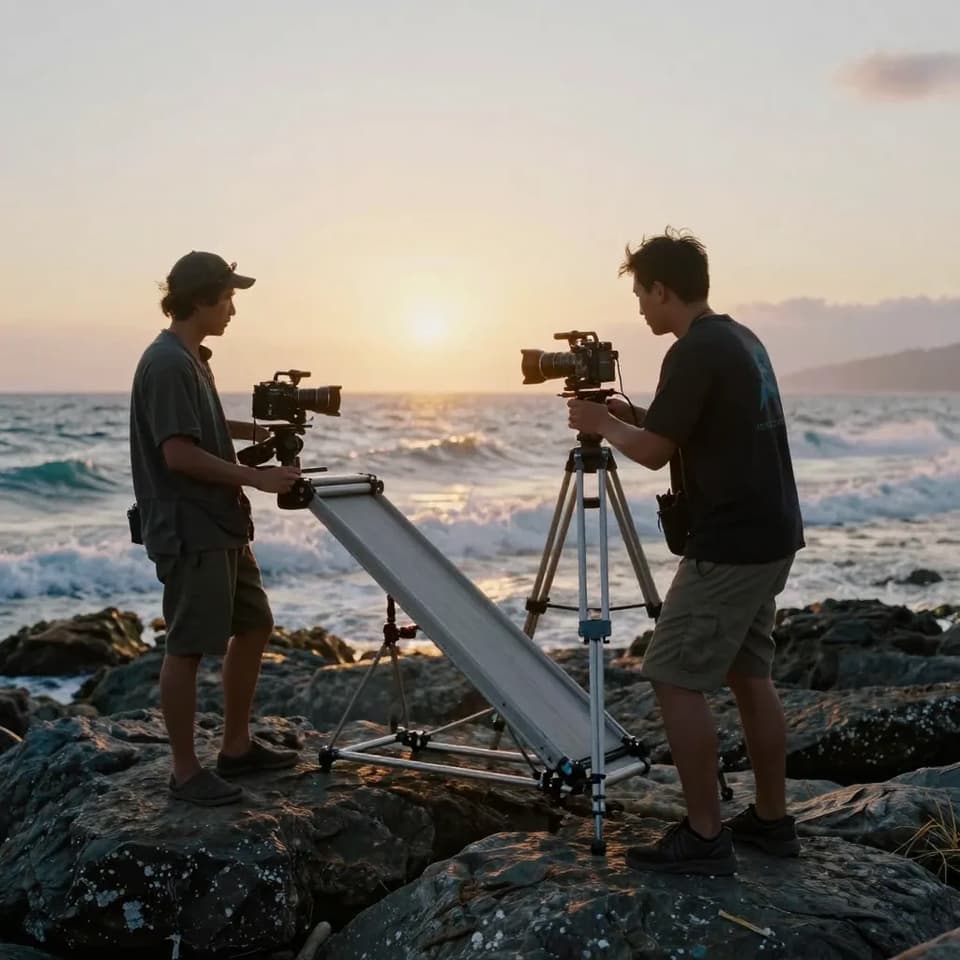 A film crew running a slider rig along a rocky coastline at sunset, one crew member steadying the tripod as waves crash behind them, golden 