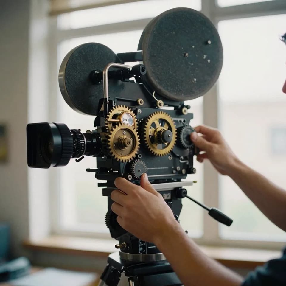 Close-up of hands turning the wheels of a geared tripod head, tilting a cinema camera skyward, brass gears and dials catching studio light