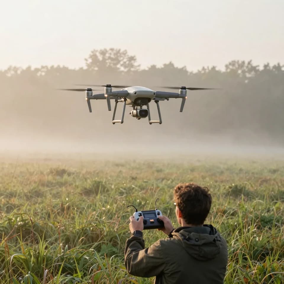 A drone hovering low over a misty meadow at dawn, a pilot below with arms raised holding a controller, soft golden fog drifting across the g