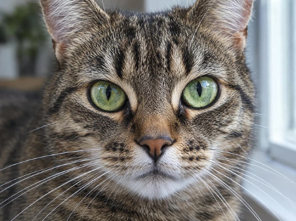 Close-up of a tabby cat: the 400px original next to the sharp 1600px 4× enlargement — after