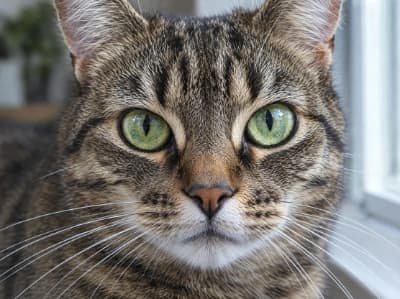 Close-up of a tabby cat: the 400px original next to the sharp 1600px 4× enlargement — before