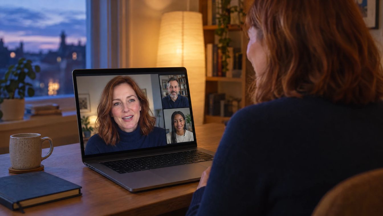 Illustration: a woman with copper hair on a laptop video call in a lamplit home study at dusk; her own webcam tile shows an evenly lit face with a light natural makeup look, beside two smaller tiles of colleagues