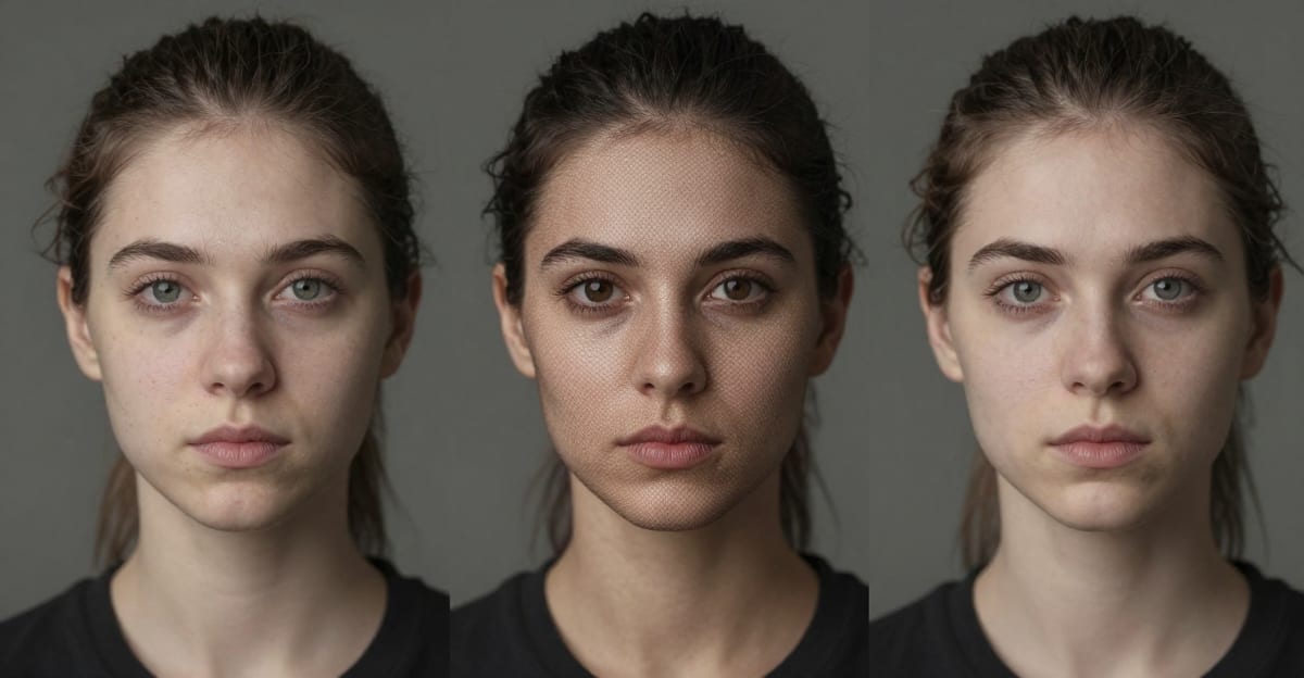 Before and after comparison showing AI face swap in a video — original person replaced with a new character using browser-based AI