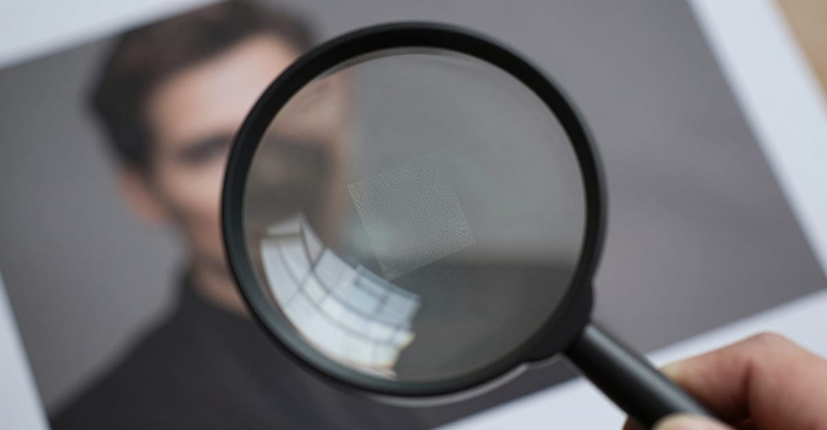 Interface showing an AI image checker tool analyzing a portrait photograph with authenticity score and detection indicators