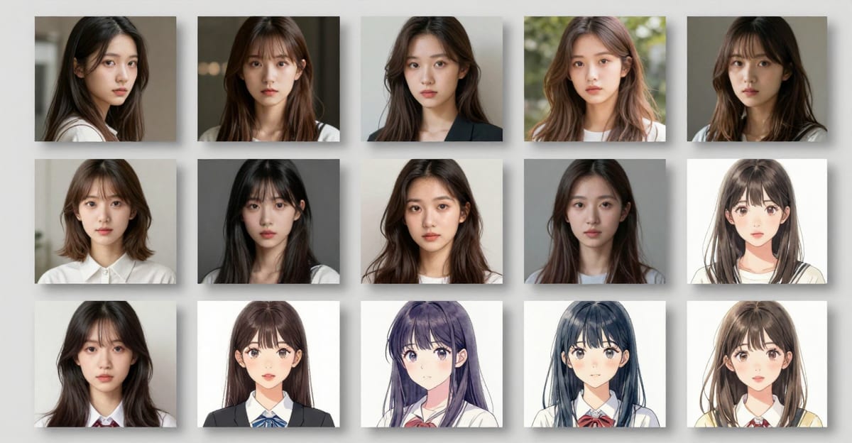 Grid of photorealistic AI-generated portraits showing natural skin texture, believable lighting, and lifelike eyes