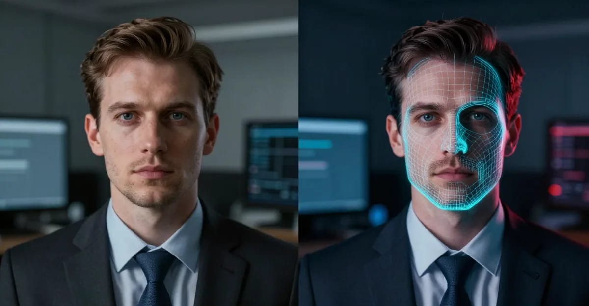Split-screen showing real person and deepfake with detection overlay highlighting manipulation artifacts