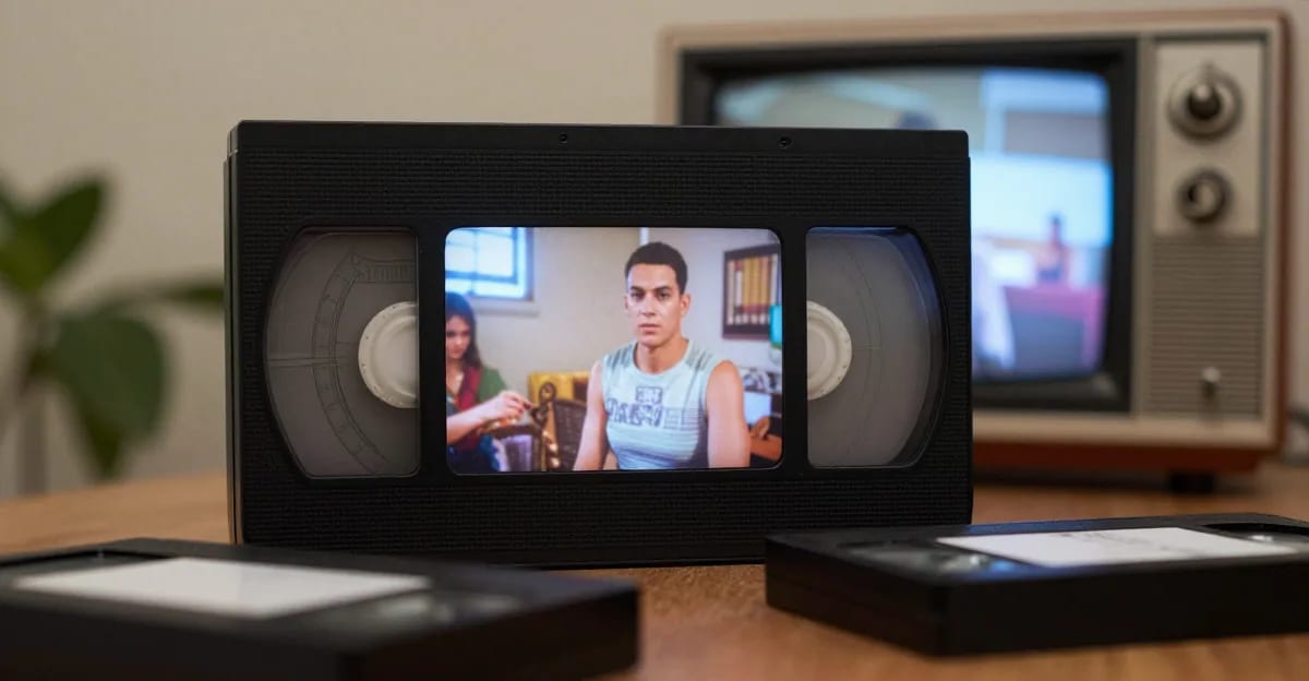 Split-screen comparison showing a grainy VHS-quality video on the left and the AI-enhanced 4K version on the right