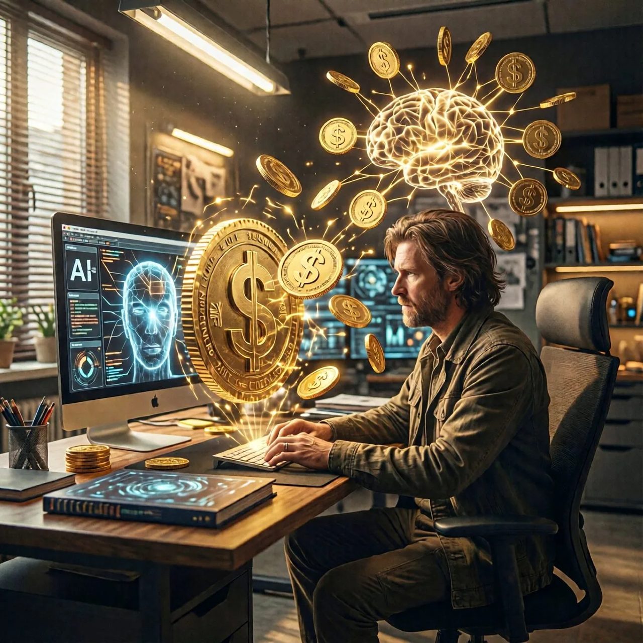 AI workspace generating income with holographic interface and golden light