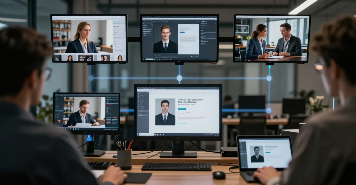 Professional content creator workspace flat lay with camera, tablet, and creative tools for AI-powered content production