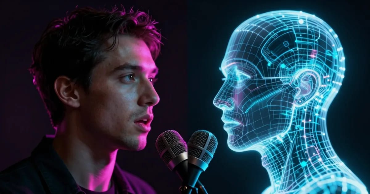A real human voice versus an AI voice clone shown as a split human face and glowing digital wireframe