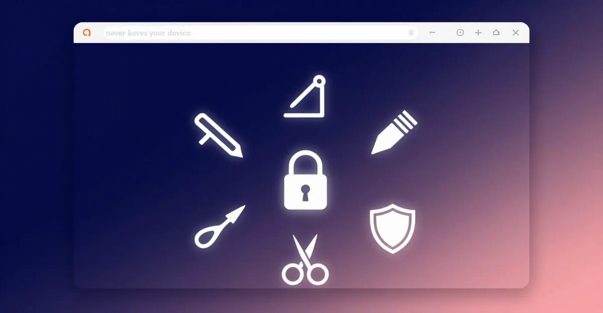 Five glowing tool icons for compress, upscale, background remover, EXIF stripper, and object eraser arranged in a circle around a padlock, all inside a browser window with a 'never leaves your device' banner