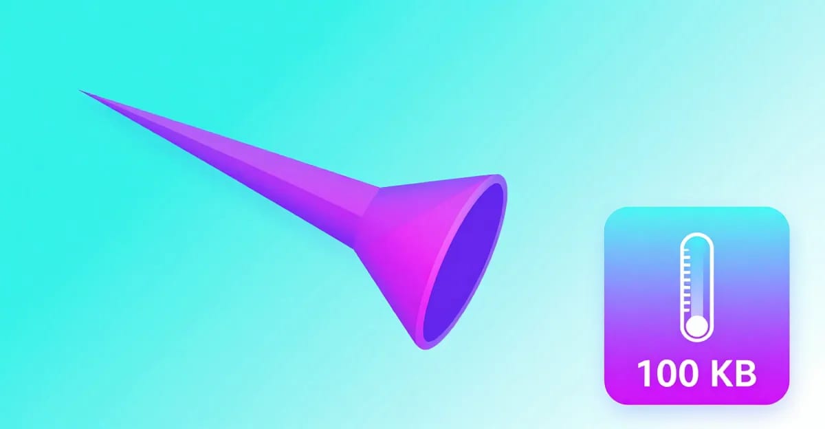 A large high-resolution photo visually shrinking through a funnel into a small crisp thumbnail tagged 100 KB, processed inside a browser window with a quality meter staying near full
