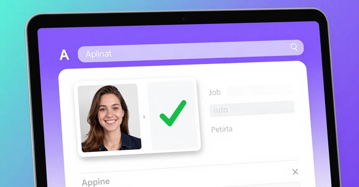 A passport-style applicant photo with a file-size meter showing the file dropping from 2.4 MB down to 48 KB inside a browser window, ready for an exam application form upload