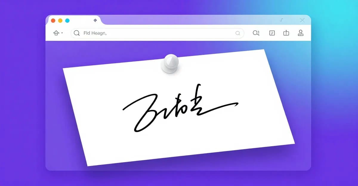 A scanned signature on white paper displayed alongside a file-size dial showing the output shrinking from 2 MB to 30 KB inside a browser window