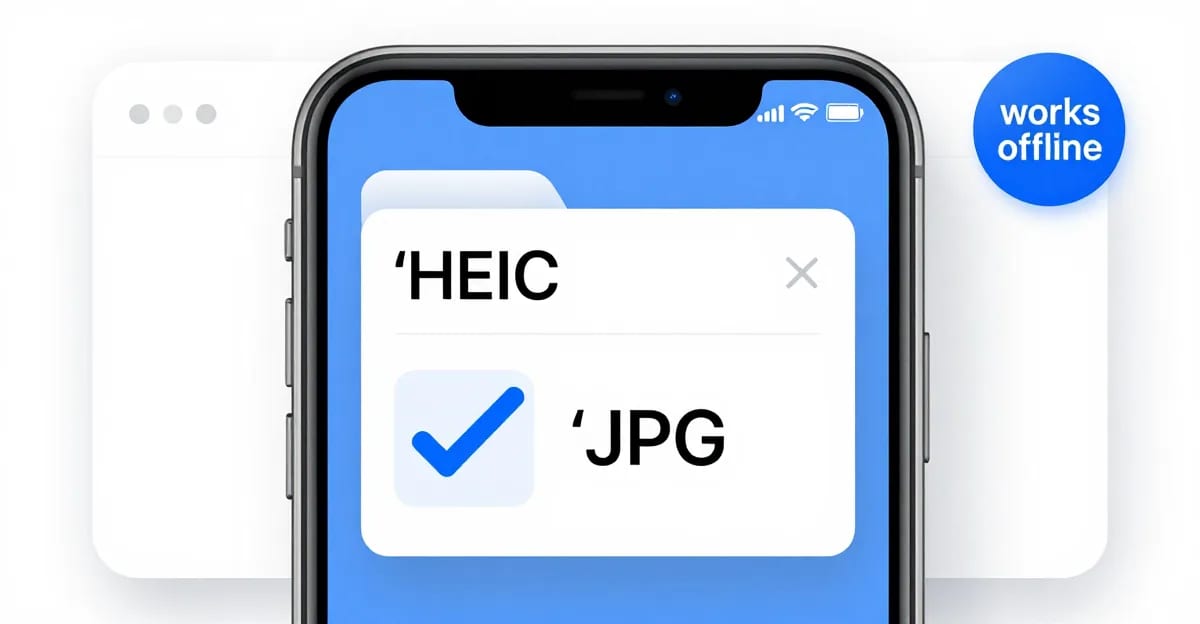 An iPhone-style HEIC file icon transforming into a JPG file with a checkmark inside a browser window, showing a 'works offline' badge on silver and electric-blue background