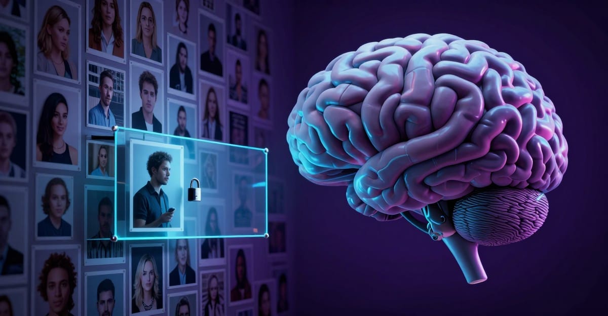 A wall of personal photos being pulled toward a large AI brain symbol, with one photo held behind a clear glass privacy shield with a lock, untouched