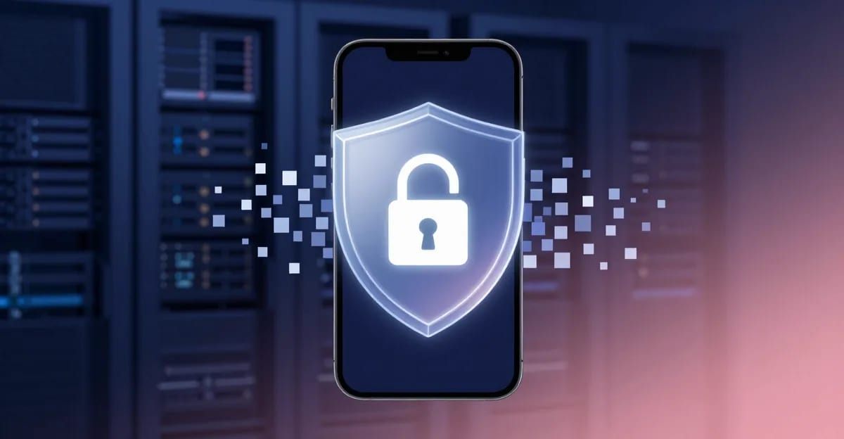 A smartphone photo dissolving into pixels that stop at a glowing lock shield, with a faded server rack in the background that the pixels never reach
