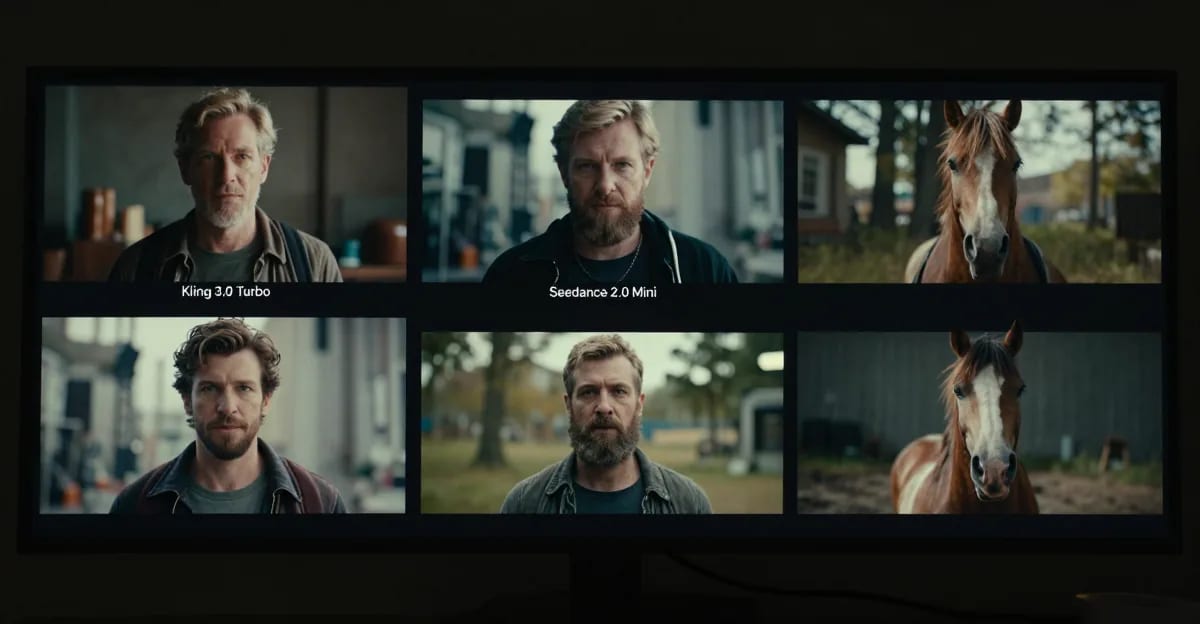 Three side-by-side AI-generated video frames showing cinematic scenes from Kling 3.0 Turbo, Seedance 2.0 Mini, and HappyHorse 1.1 models on a dark studio monitor