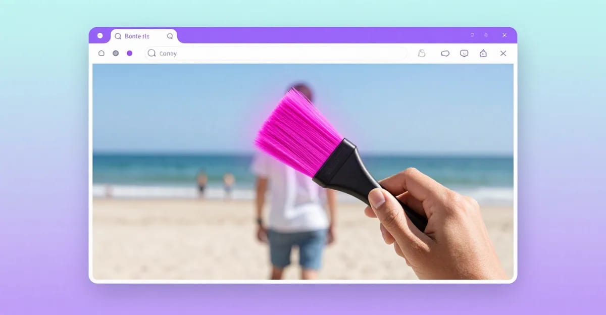 A beach photo before and after removing a photobomber, showing a clean background fill