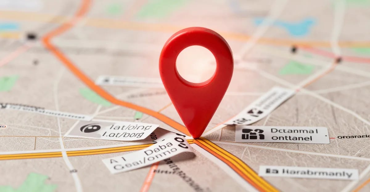 A vacation photo with glowing GPS pins and floating metadata tags being peeled away, revealing a clean private image underneath