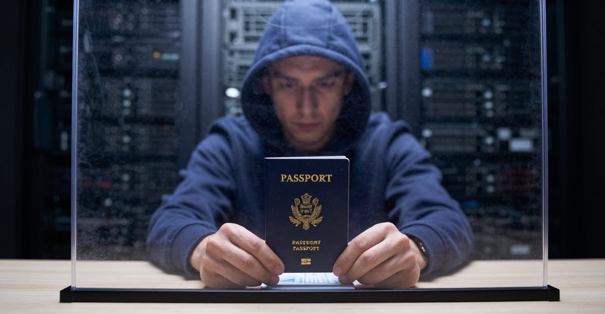 A passport and ID card on a desk inside a transparent privacy bubble blocking a shadowy hooded figure reaching from a dark server in the background