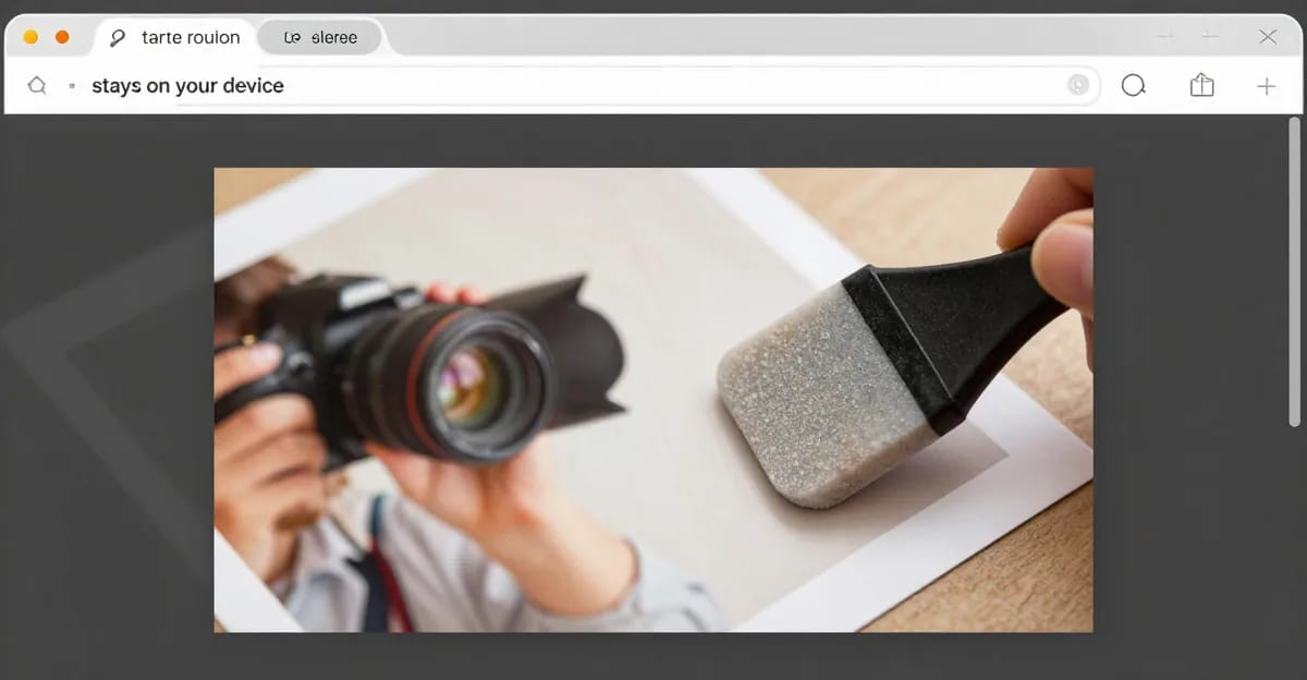 A photographer's own image with a faint diagonal watermark being lifted off cleanly by an eraser tool, revealing the pristine photo beneath, inside a browser frame with a 'stays on your device' tag