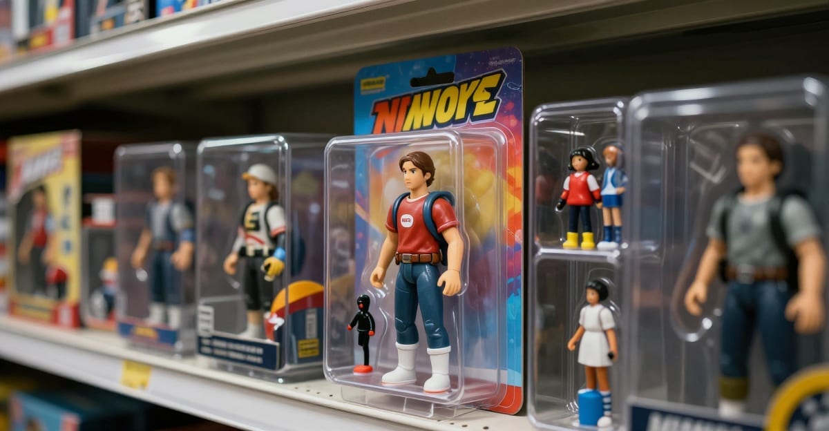 Collectible action figure in clear plastic retail packaging with colorful cardboard backing and miniature accessories in separate compartments on a toy store shelf
