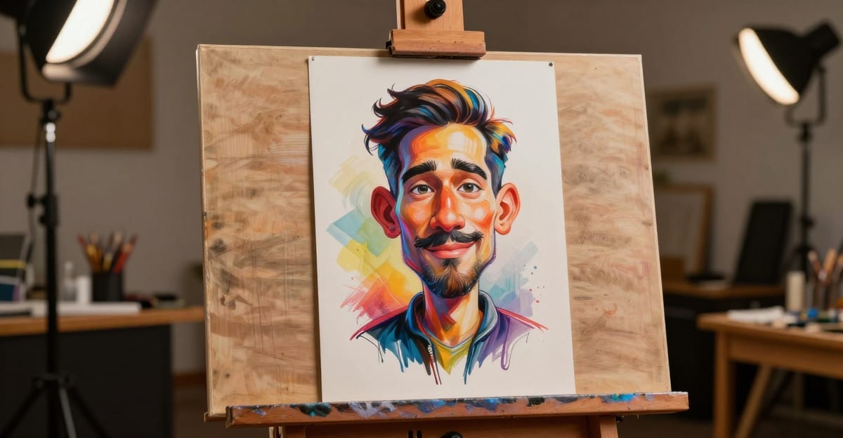 Professional artist easel displaying a colorful AI-generated caricature portrait with exaggerated features in a warm studio setting