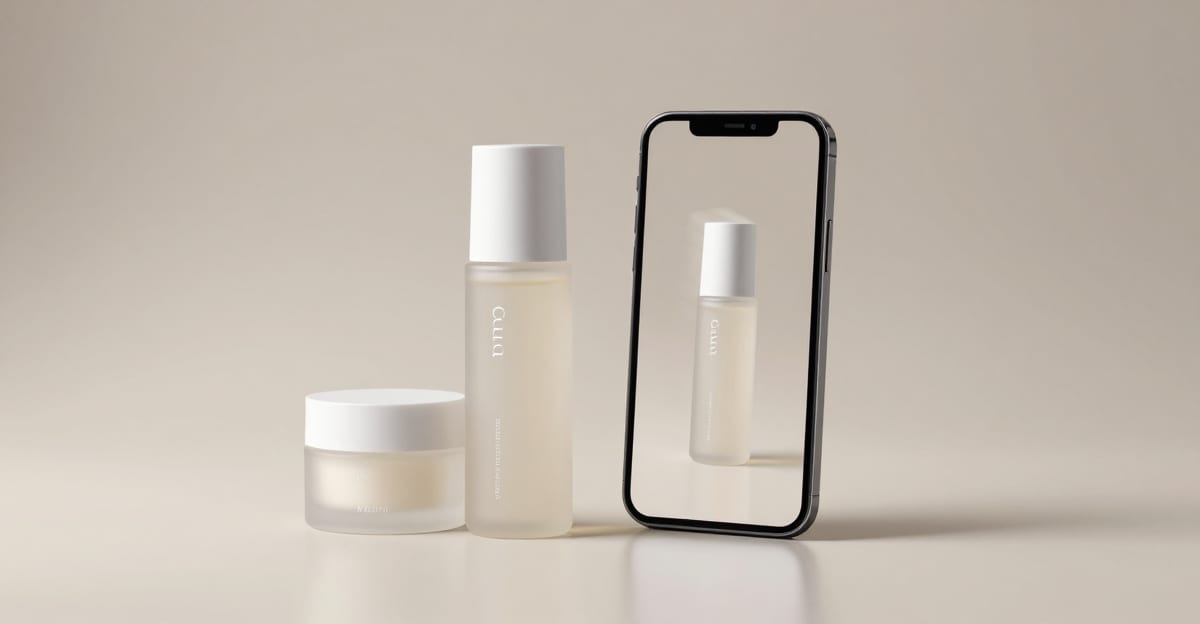 A skincare product photographed on a clean background being transformed into a vertical product video ad playing on a phone in a TikTok-style feed