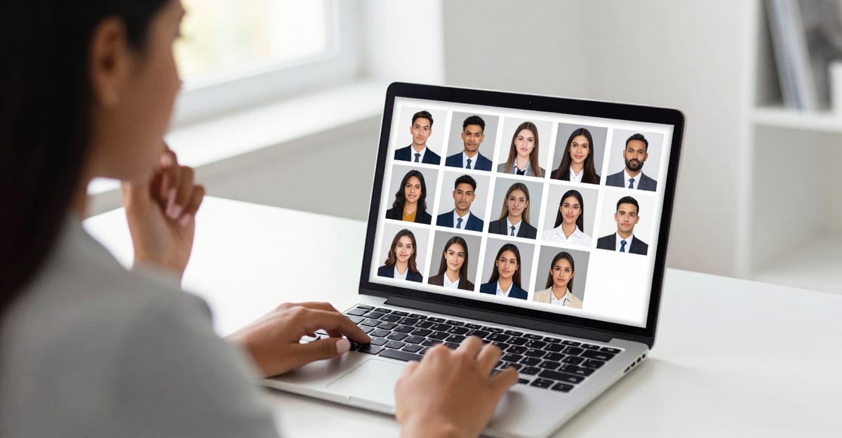 A professional woman reviewing a grid of AI-generated LinkedIn headshots on a laptop screen, comparing styles and backgrounds