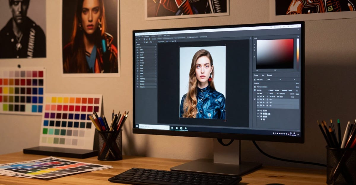Artist's creative workspace with a large monitor displaying an AI image generation interface, surrounded by digital art prints and color reference cards in warm studio lighting