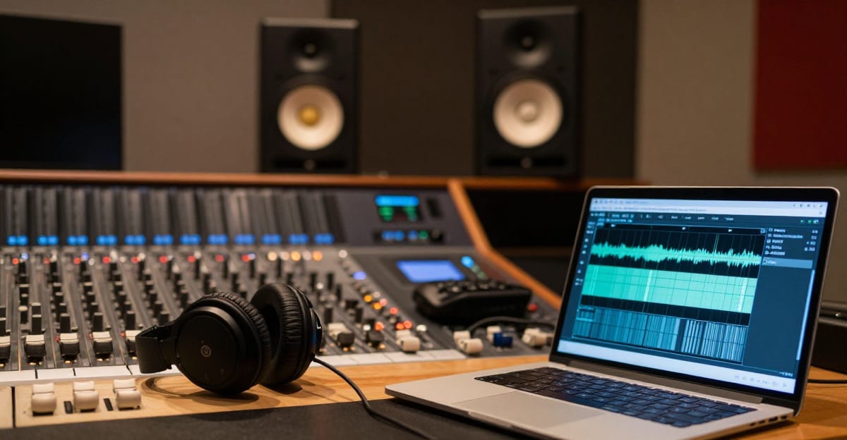 Professional music production studio with mixing console, studio monitors, headphones, and a laptop showing waveform visualization in warm ambient lighting