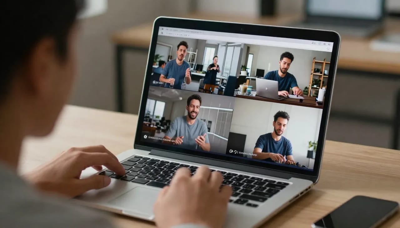 A content creator sitting at a desk comparing several vertical short-form video clips on a laptop screen