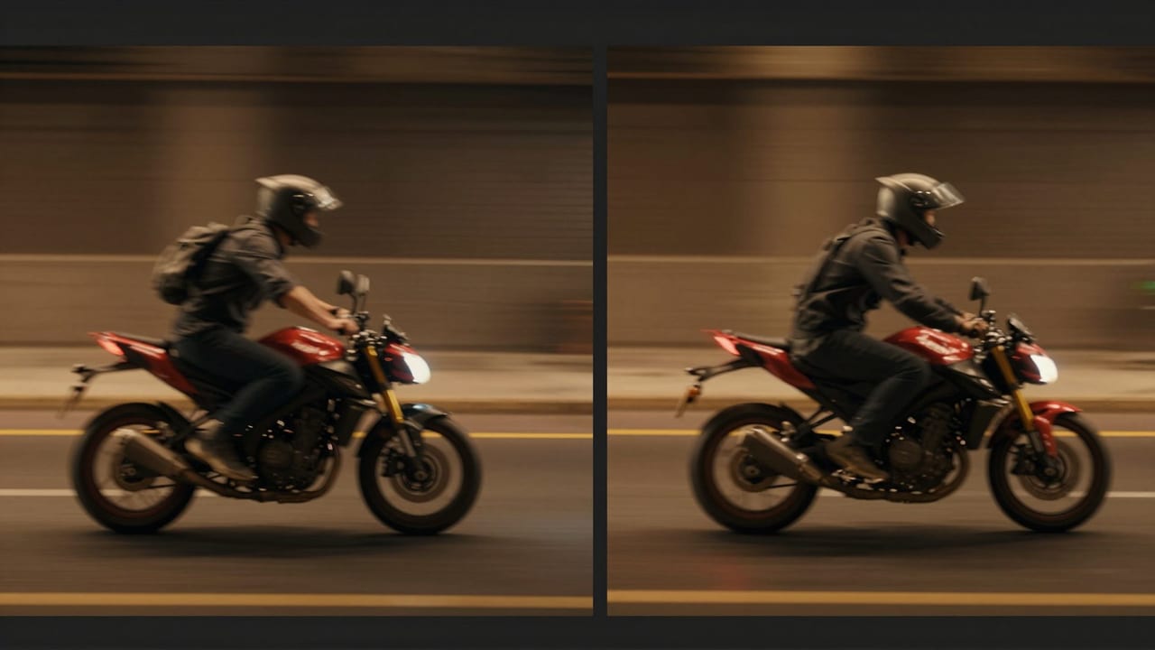 Side-by-side comparison of a video clip at 30fps versus the same clip converted to 60fps with AI frame interpolation, showing smoother motion