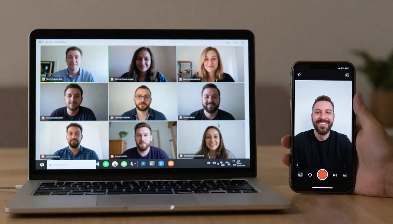 A laptop showing a Google Meet call with multiple participants, next to a phone displaying a vertical short-form video clip