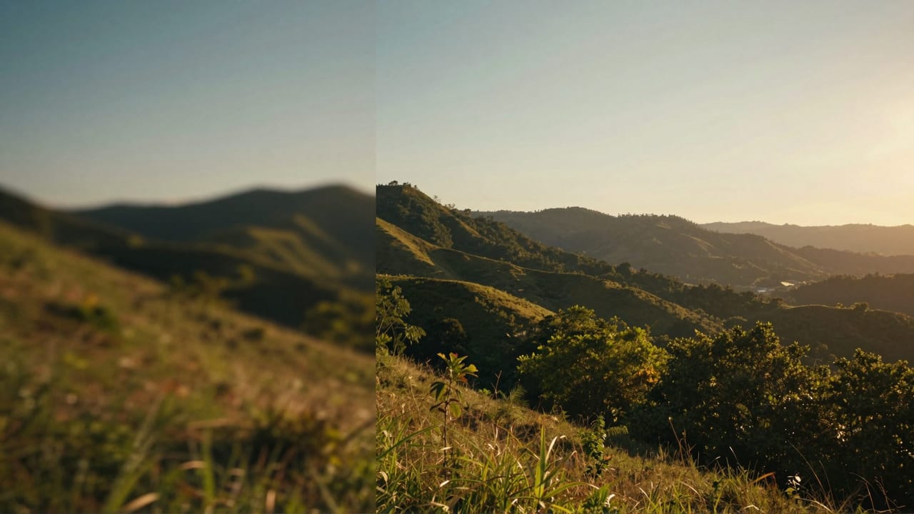 A low-resolution landscape photograph being transformed into a sharp, ultra-high-resolution 16K image using AI upscaling technology