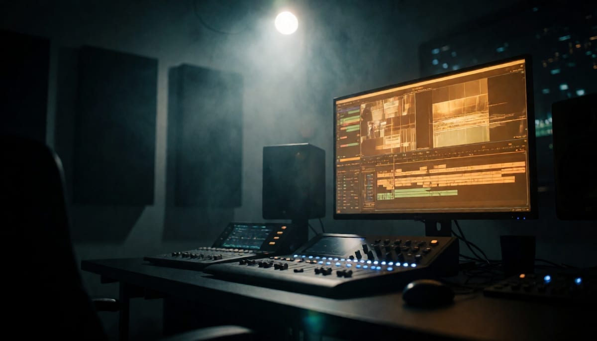 Cinematic wide shot of a darkened post-production suite with a single glowing timeline on a large reference monitor