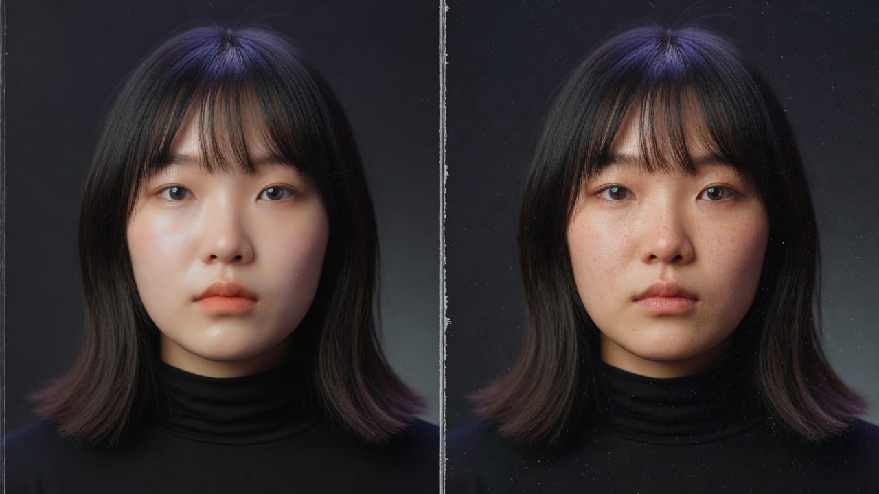 Plastic smooth AI face next to natural photographic texture