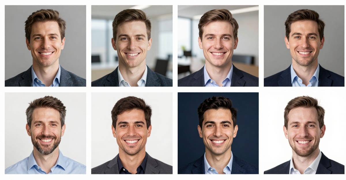 The same professional headshot shown against four background options: neutral gray, soft office blur, deep navy, and clean white