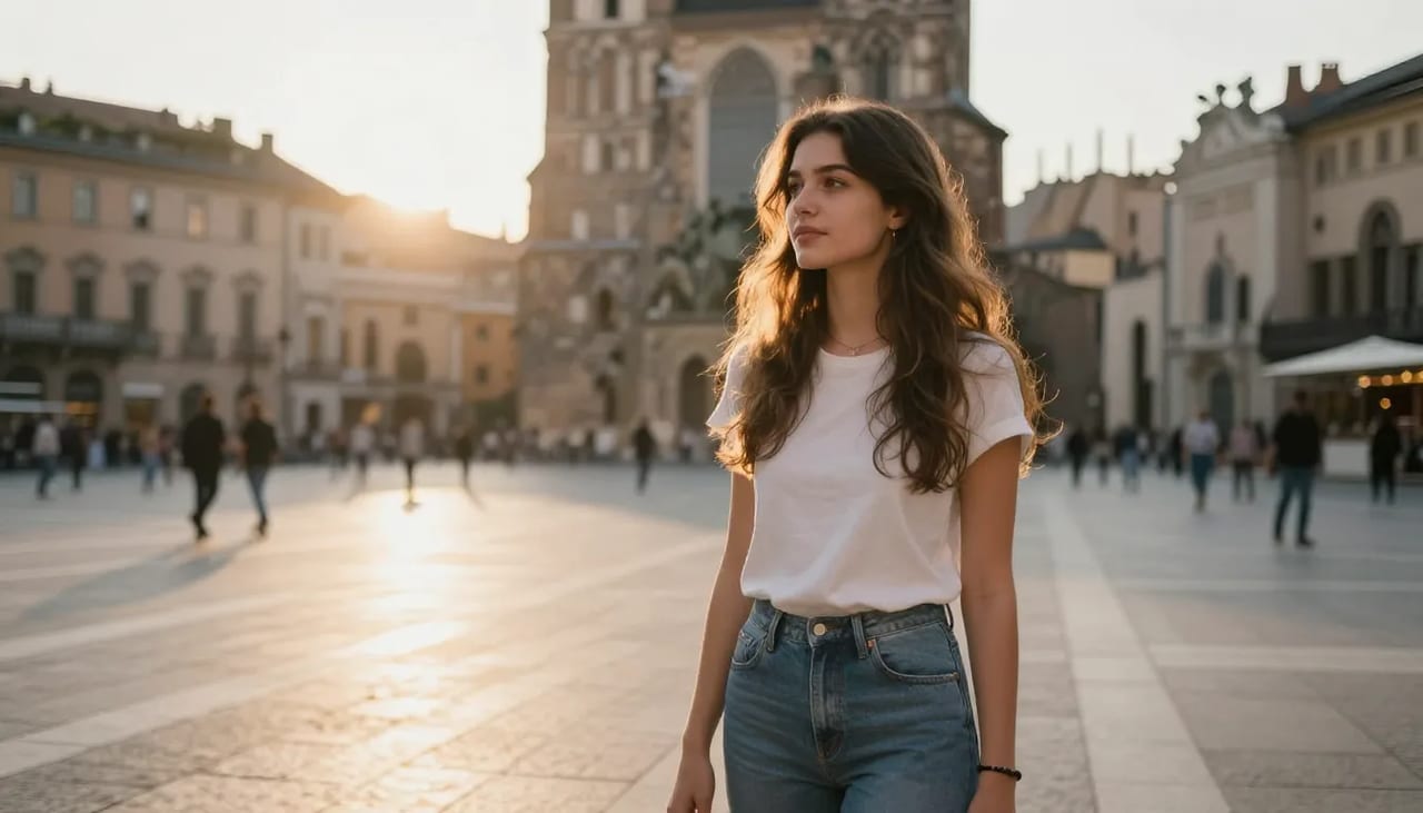 Person naturally composited into a scenic mountain landscape using AI photo scene placement