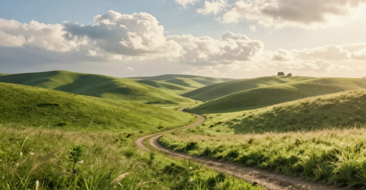 Dreamy countryside landscape with rolling green hills, a winding path, fluffy white clouds, and a small cottage in the distance, warm afternoon light with soft watercolor textures