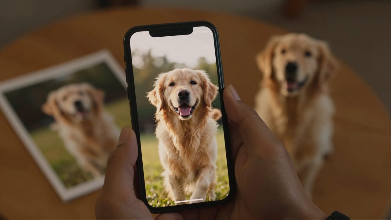 A smartphone playing a vertical reel of a golden retriever in warm evening light, held above the original printed photo it was made from