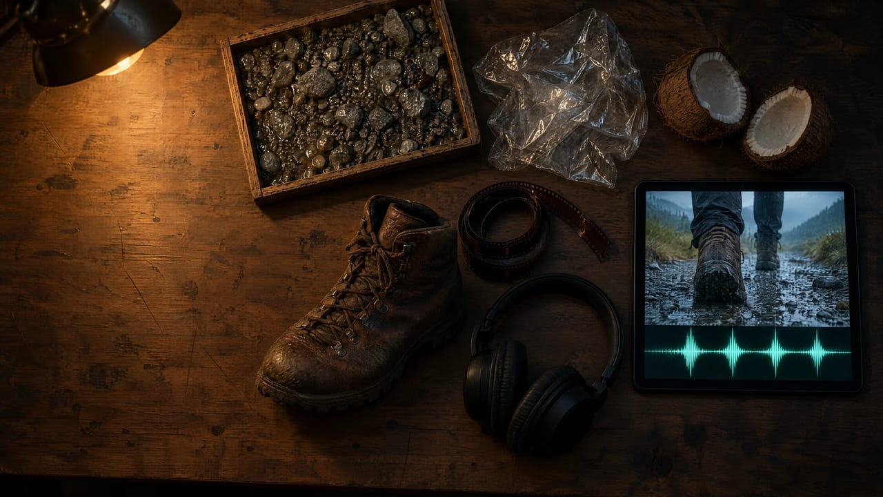 Illustration: overhead view of a foley table with a tray of wet gravel, crumpled cellophane, halved coconut shells, a worn hiking boot, film leader, headphones and a tablet showing a paused rainy-trail shot above a sound waveform