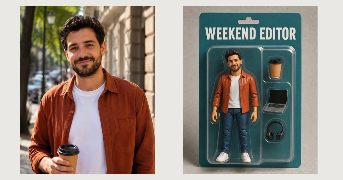 Before and after: a portrait photo of a man with a coffee beside the same man as a boxed action figure with coffee, laptop and headphone accessories