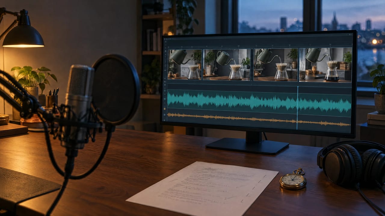 Illustration: a night-time editing desk with a condenser microphone, a script page with pencil timing marks, and a monitor showing kettle footage above a tall voice waveform and a quieter music waveform