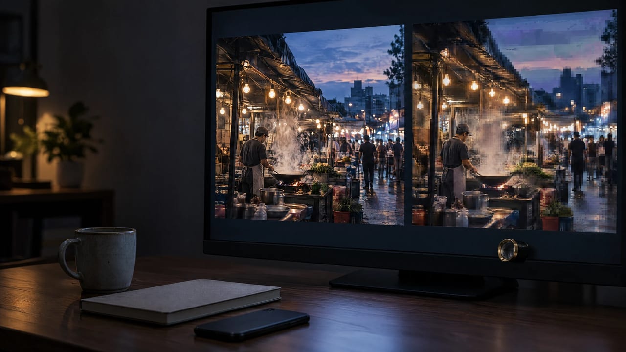 Illustration: a monitor at night showing two similar street-food market scenes side by side, the right-hand one broken into coarse pixel blocks, with a small brass loupe fixed to the lower bezel