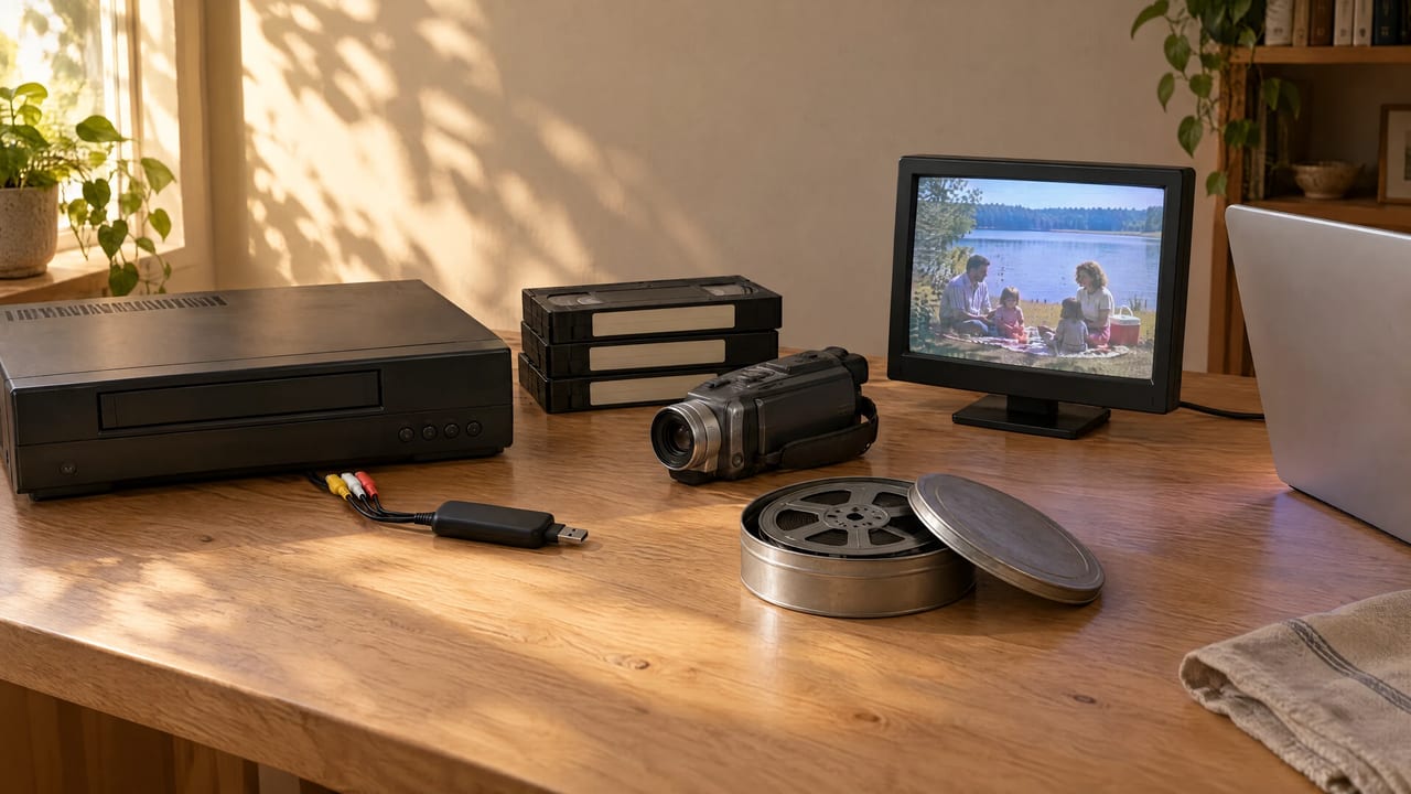 Illustration: a VCR with a USB capture stick, a stack of VHS tapes, a camcorder and a film reel on a desk beside a small monitor showing a faded family picnic frame