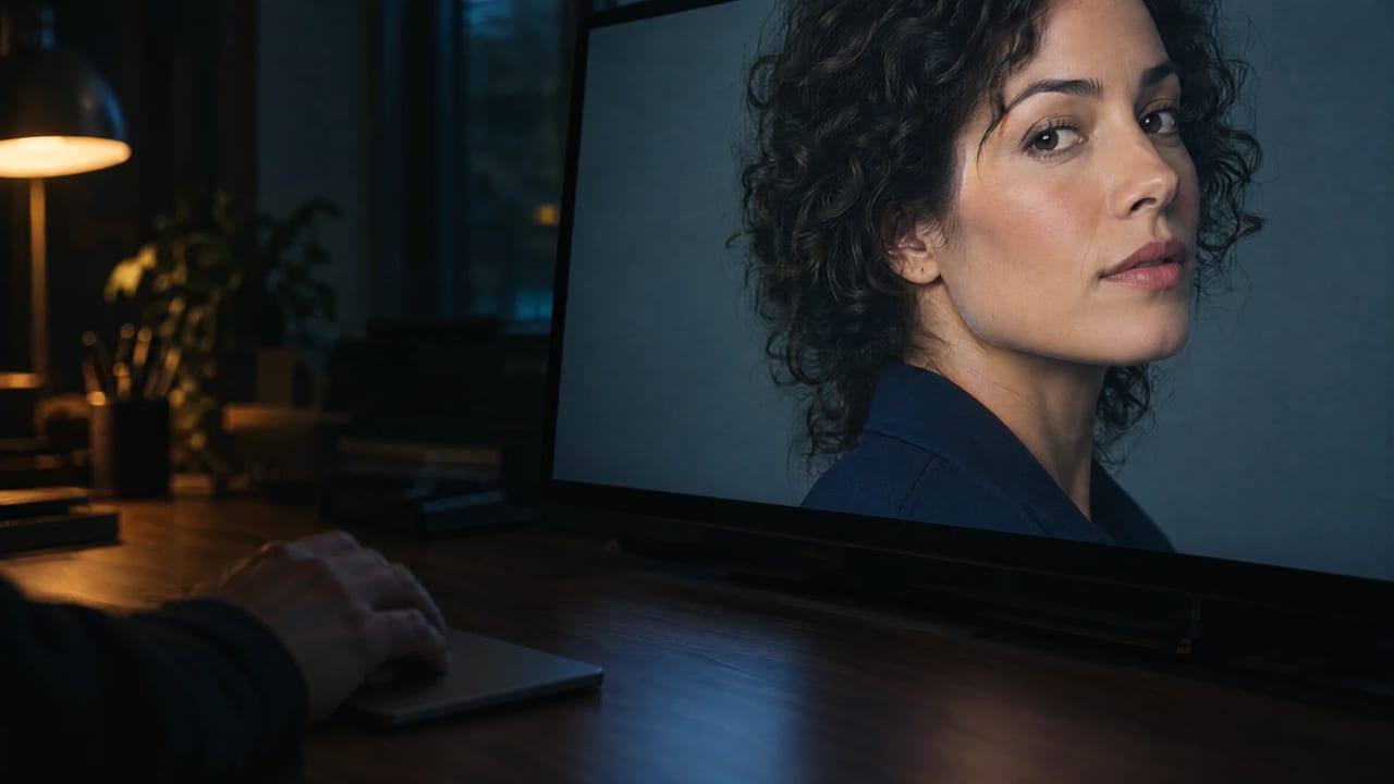 Illustration: a paused video on an editing monitor shows an invented woman mid head-turn, with a faint seam along her jawline and hairline